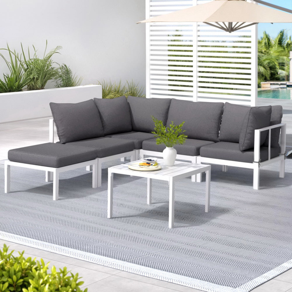 Tugun 6 Piece Outdoor Corner Lounge Set, White Aluminium