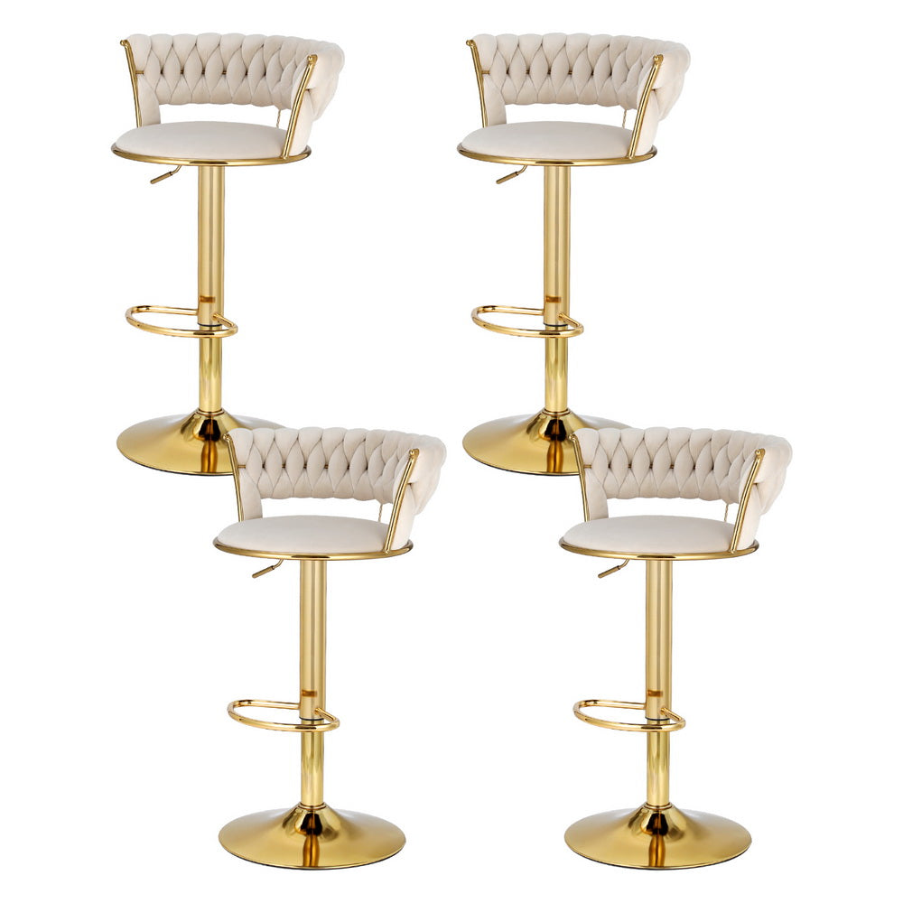 Artiss Vivien ivory velvet gas lift bar stools set of 4 with woven backrest — Allure Home Collections