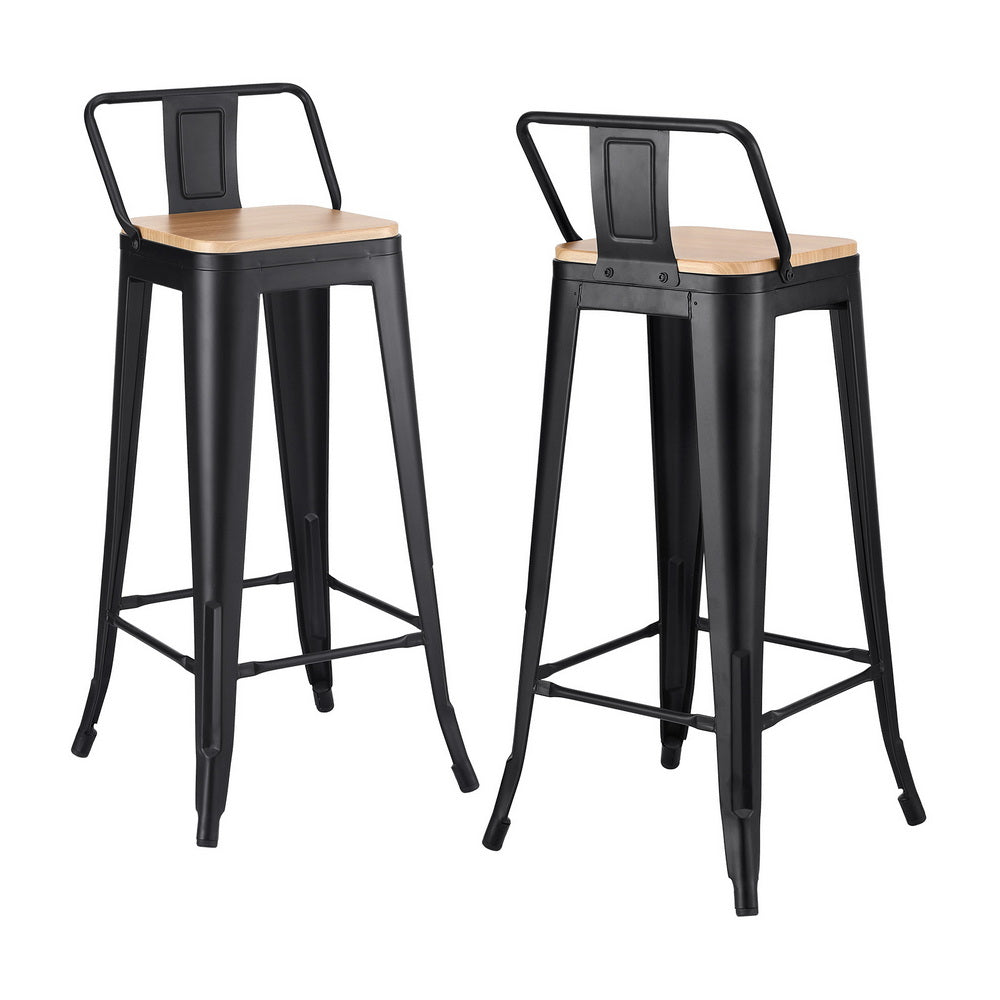 Cannons Creek black stackable industrial bar stool with pine seat in a kitchen