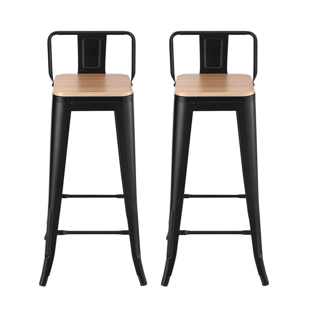 Cannons Creek black stackable industrial bar stool with pine seat in a kitchen
