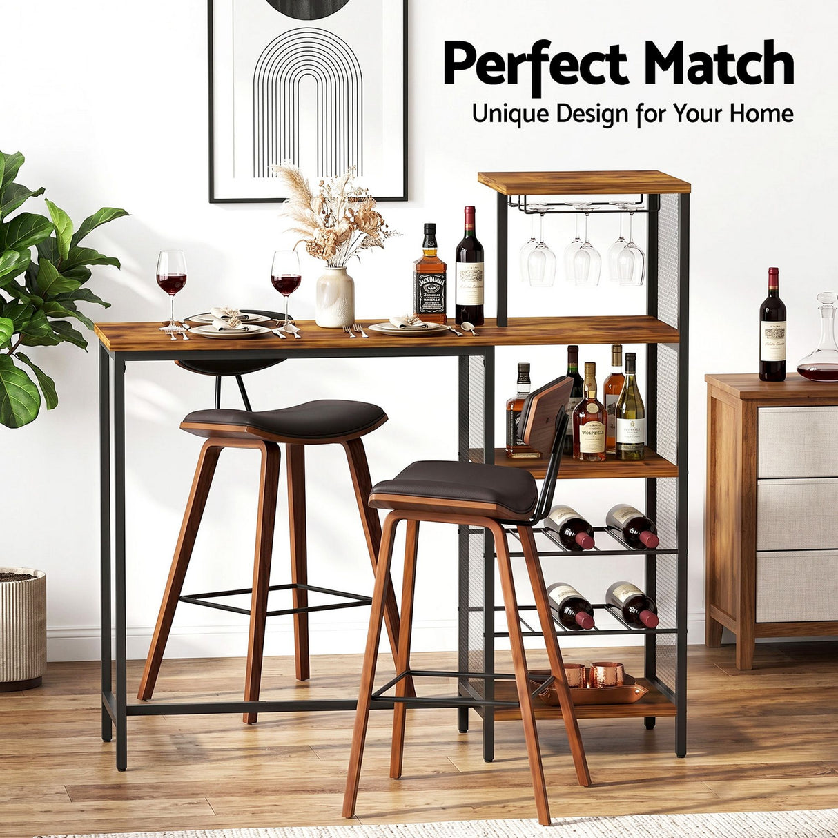 Fishermans Beach industrial bar table with wine rack and two padded stools