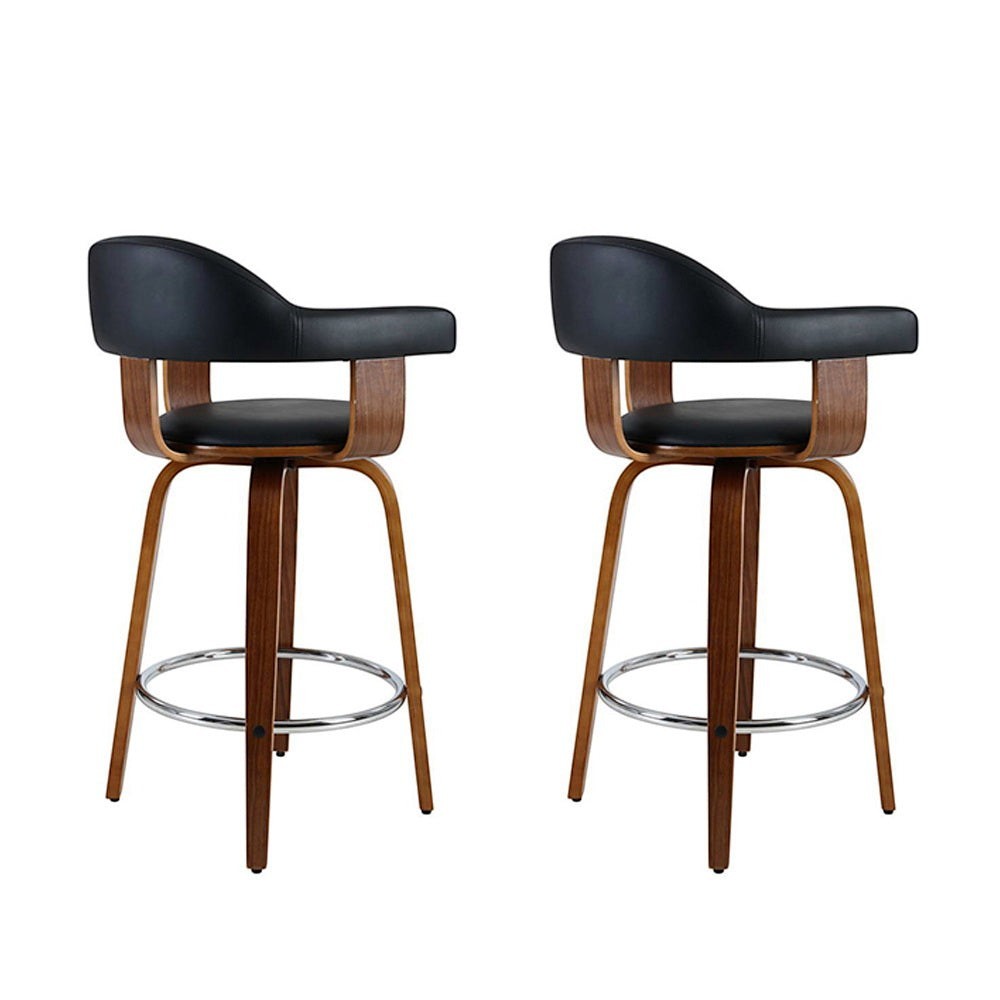Close up of the glen forbes wooden leg bar stool black seat and frame