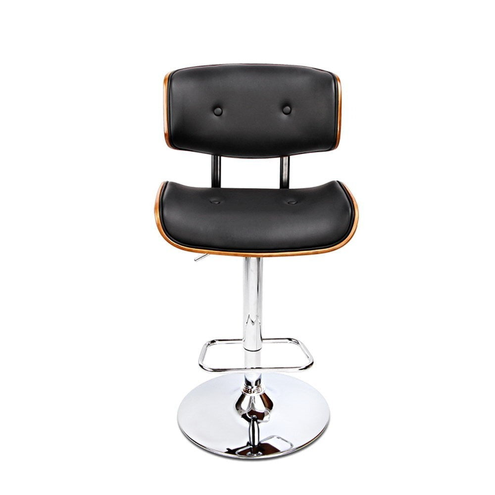 Close up of the cowes wooden gas lift bar stool black seat and frame