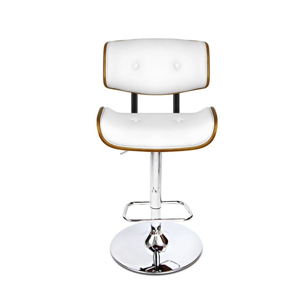 Close up of the cowes wooden gas lift bar stool white seat and frame