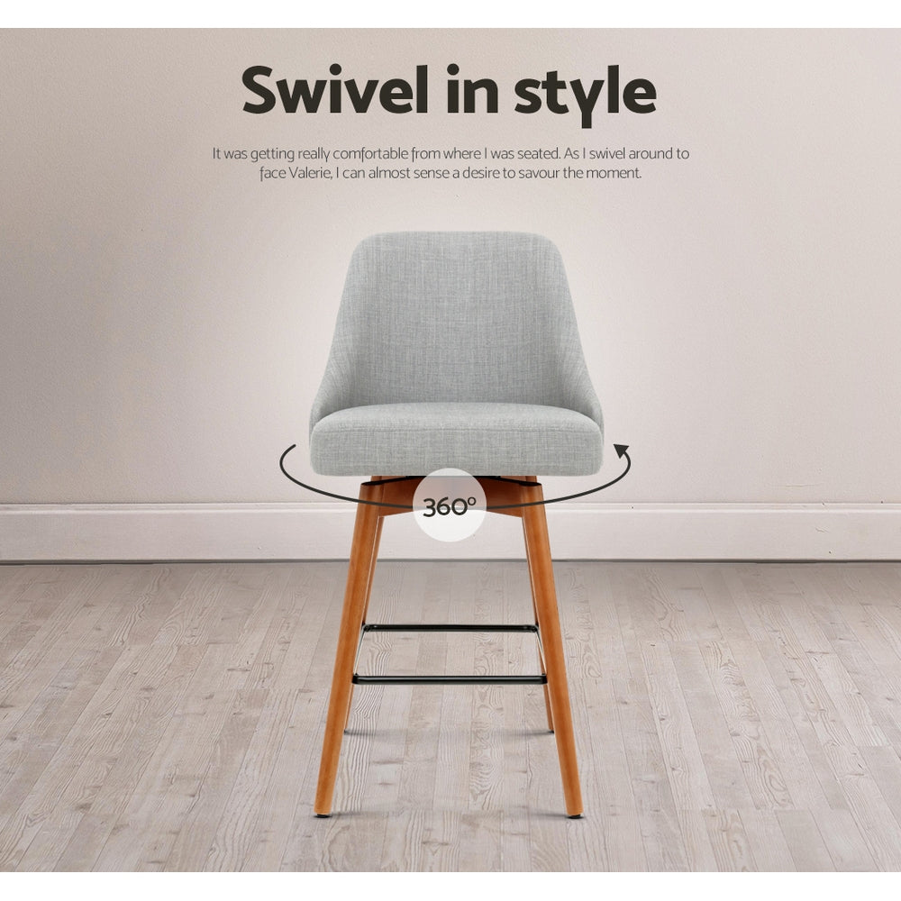 Artiss grey swivel bar stool faux linen seat and plywood frame detail — Allure Home Collections