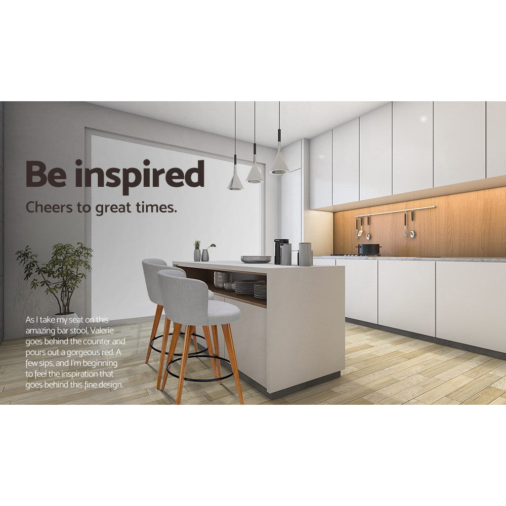 Two Artiss grey linen wooden bar stools at kitchen counter — Allure Home Collections