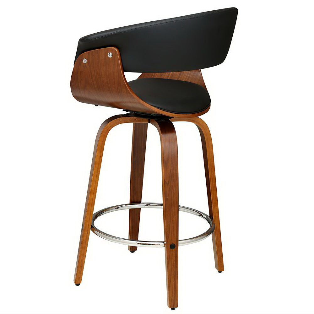 Artiss single swivel bar stool PU leather seat and walnut frame detail — Allure Home Collections