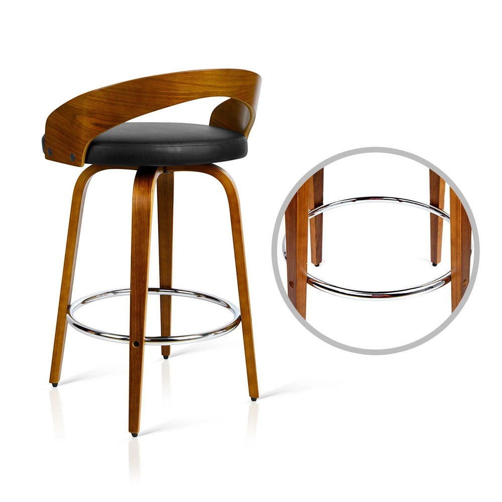 Point King swivel wooden bar stool with black faux leather seat and walnut frame