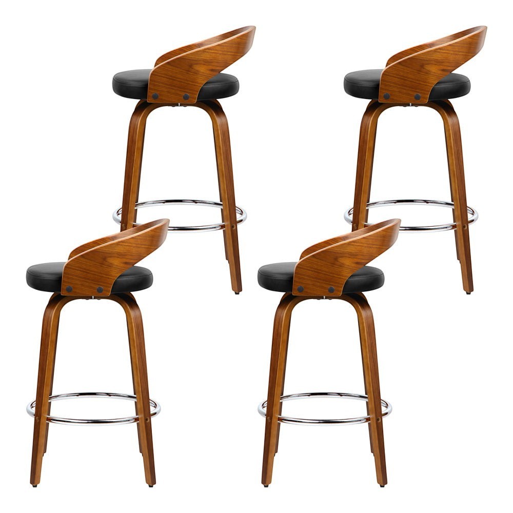 Point King swivel wooden bar stool with black faux leather seat and walnut frame