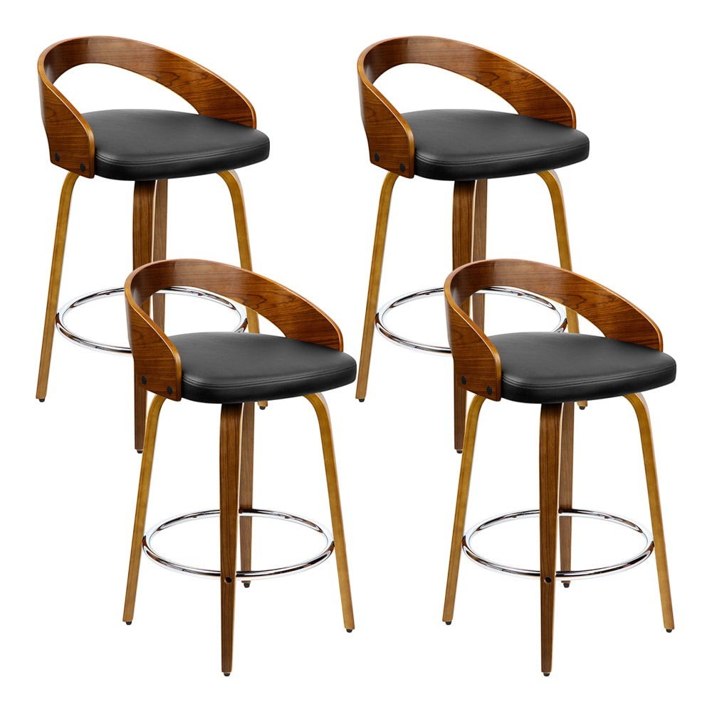 Point King swivel wooden bar stool with black faux leather seat and walnut frame