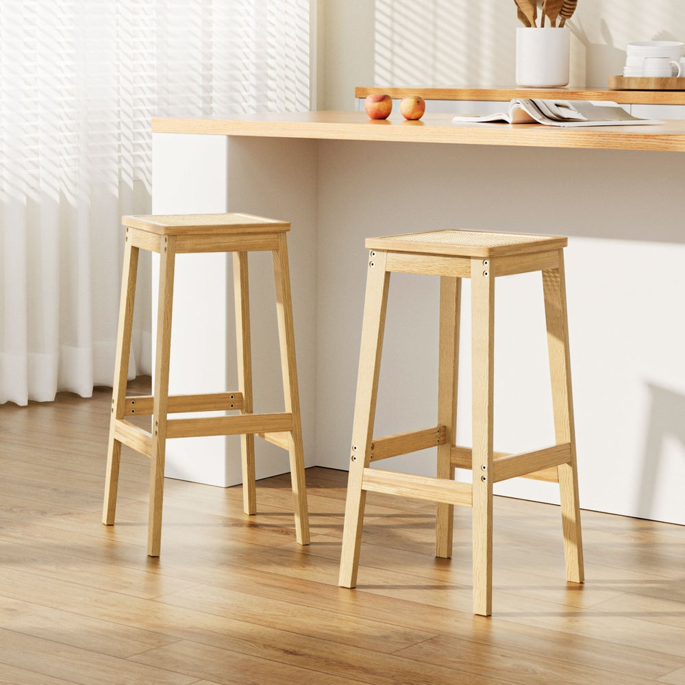 Pair of Artiss rubber wood rattan bar stools in contemporary kitchen — Allure Home Collections