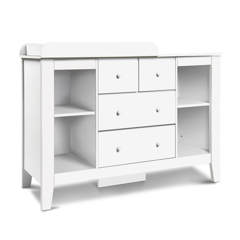 White baby change table with four drawers and four open shelves