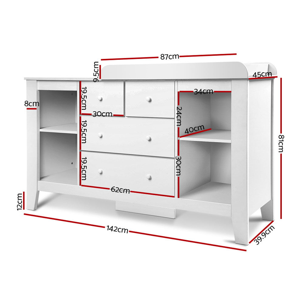 White baby change table with four drawers and four open shelves