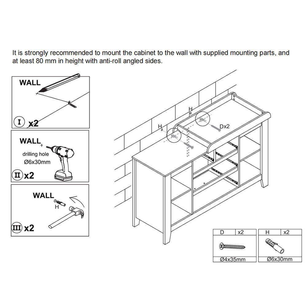 White baby change table with four drawers and four open shelves