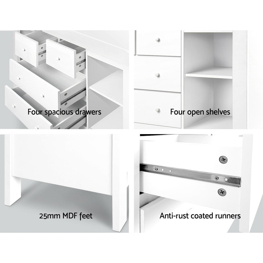 White baby change table with four drawers and four open shelves
