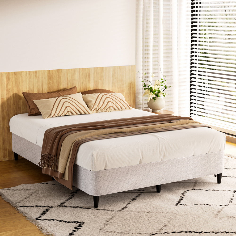Artiss MASON queen metal bed frame in grey knitted jacquard — full front view — Allure Home Collections