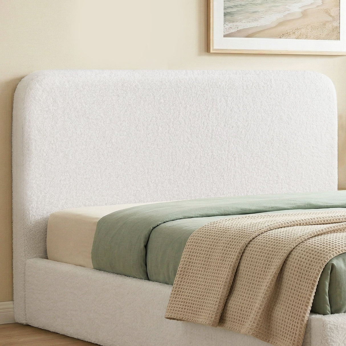 Buckenderra white boucle bed head in a modern bedroom
