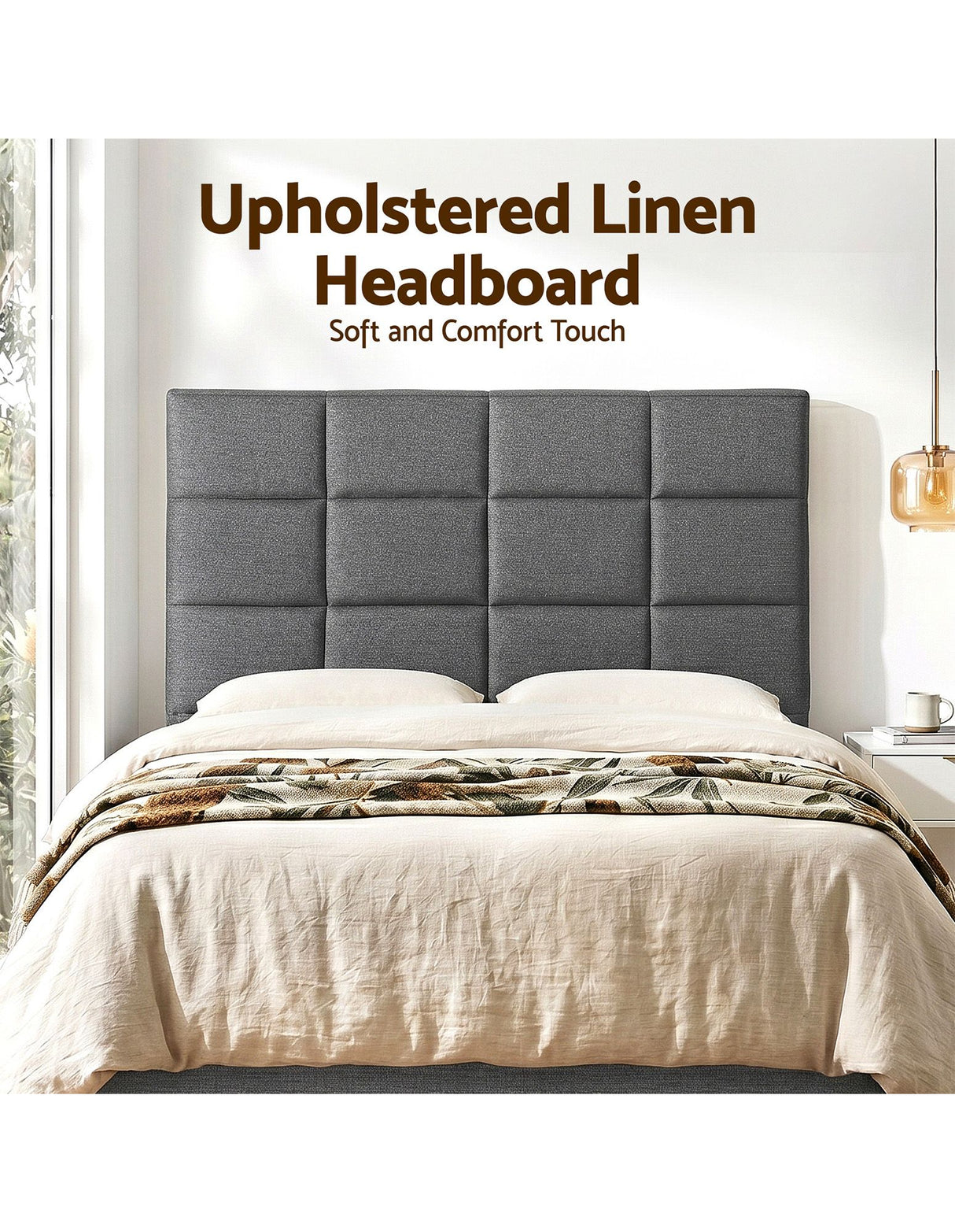 Thredbo charcoal linen grid tufted bed head styled in a calm modern bedroom