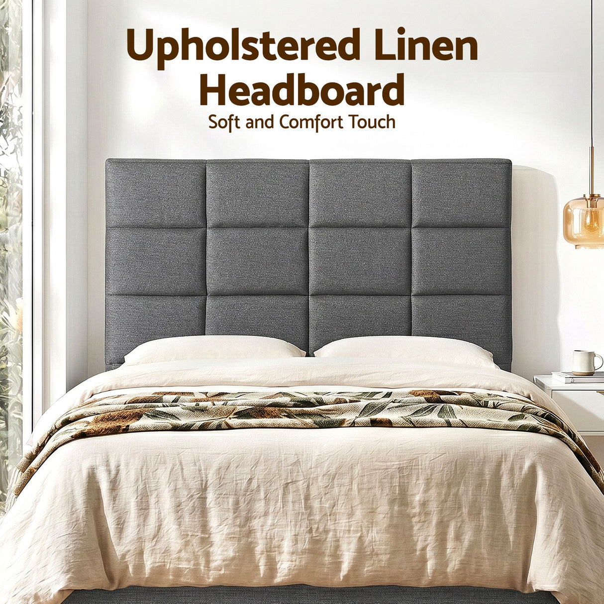 Thredbo charcoal linen grid tufted bed head styled in a calm modern bedroom