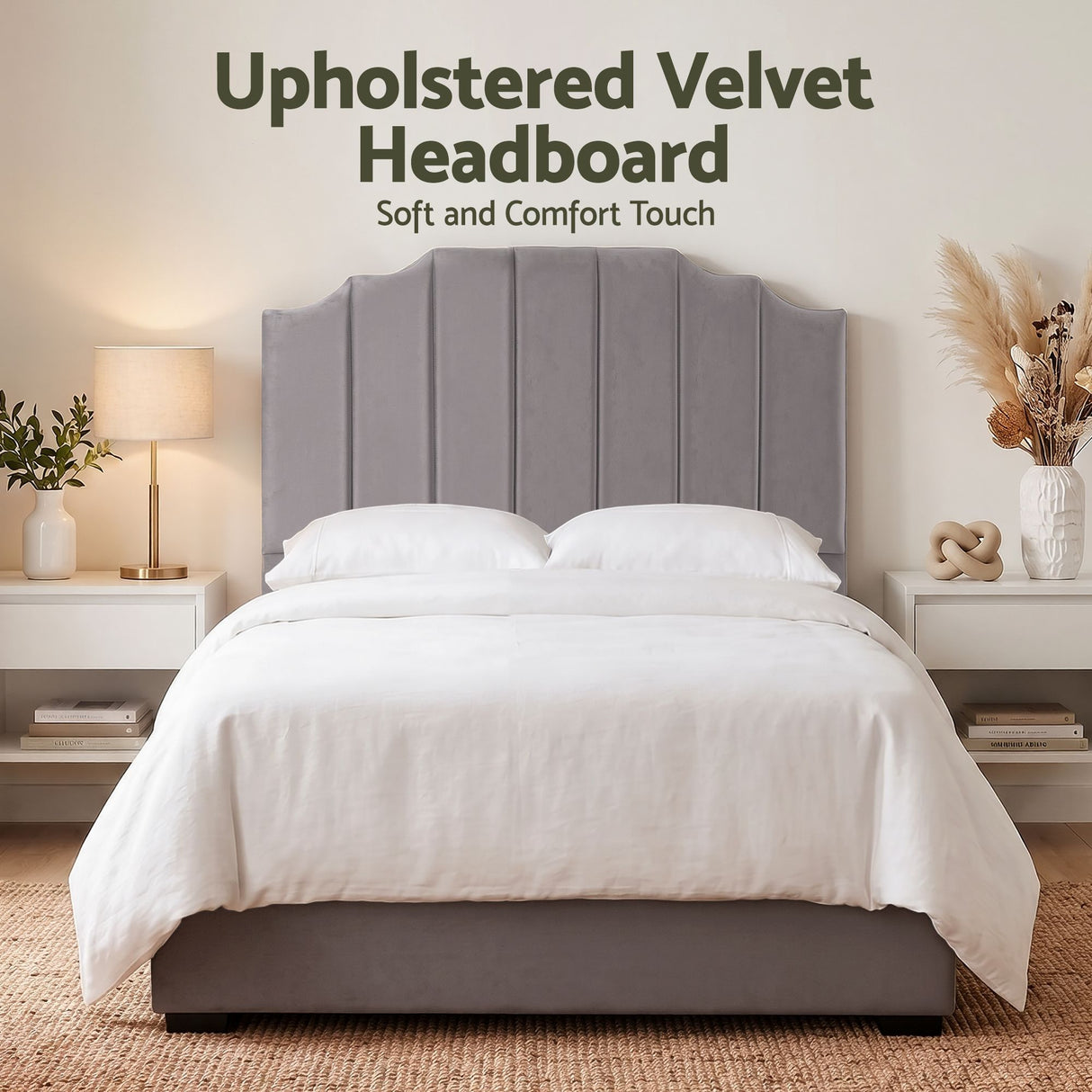 Jindabyne grey velvet wingback bed head in an elegant modern bedroom