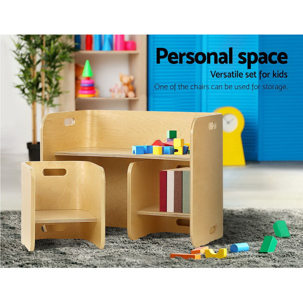 Kids wooden table with two chairs and storage design