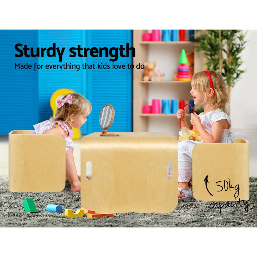Natural kids table and chairs with rounded child-safe corners