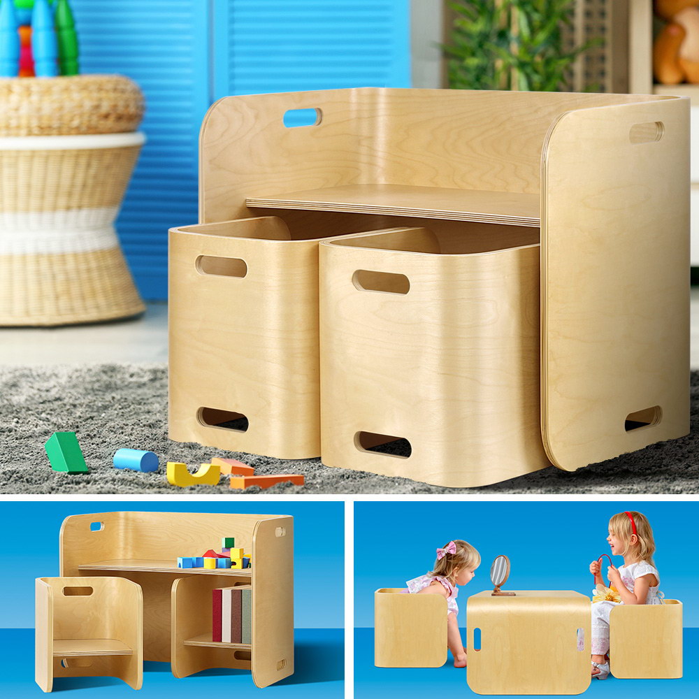 Kids table and two chairs in natural wood