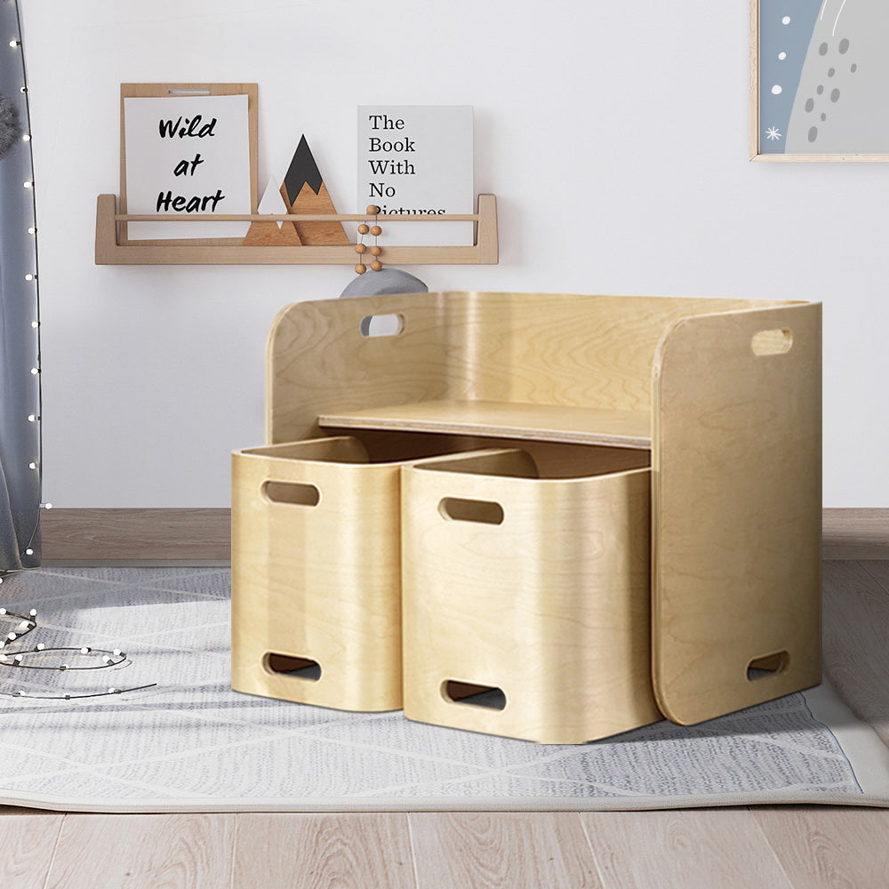 Natural birch plywood kids table and two chairs set