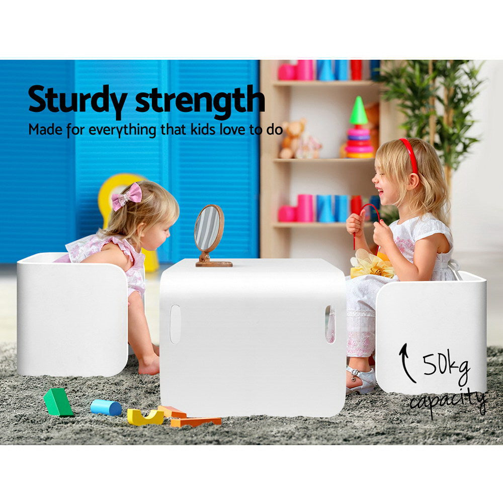 3 Piece Kids Table and Chairs Set Multifunctional Storage White and Natural