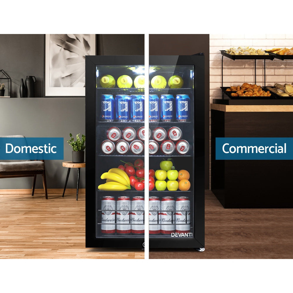 Side view of the compact 115 L glass door bar fridge