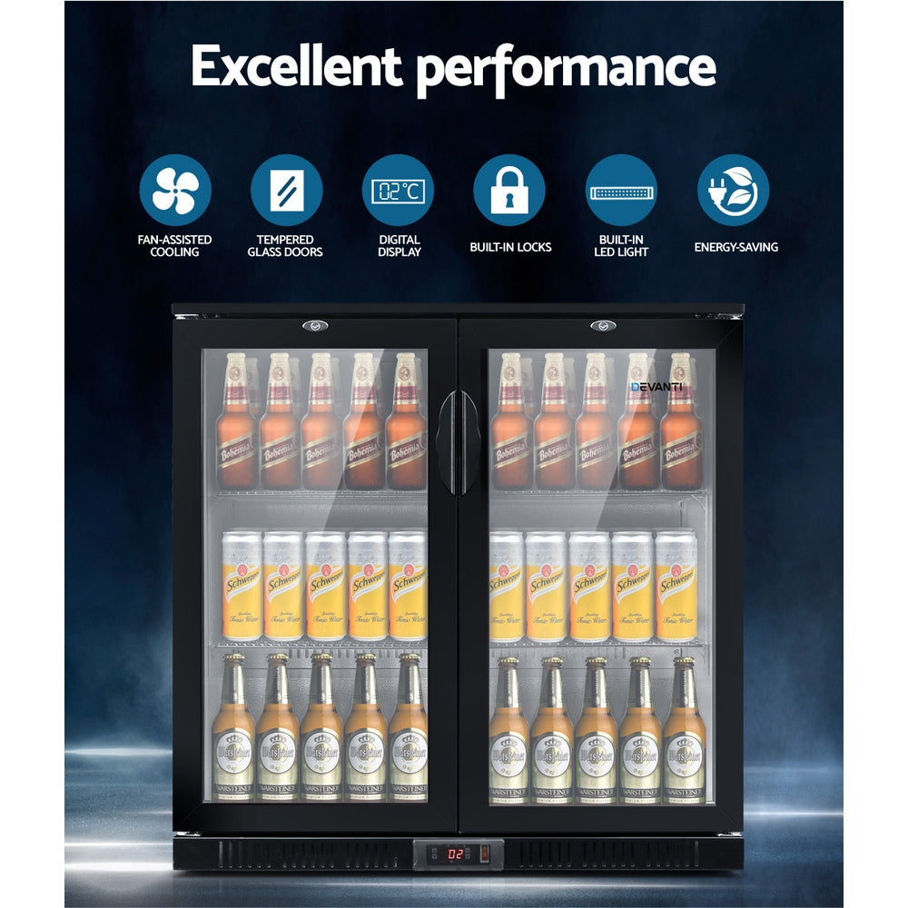 Double door bar fridge stocked with drinks on stainless steel shelves