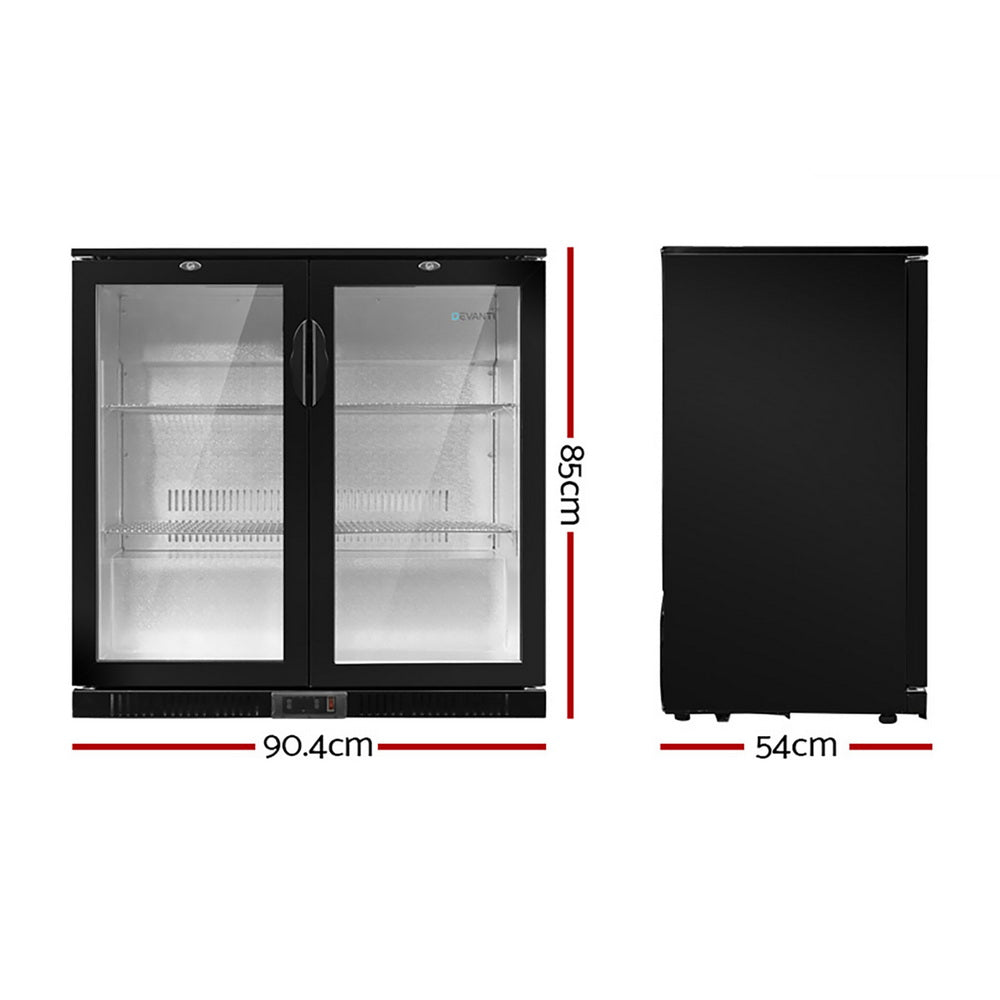 Dimension diagram of the 198 L double glass door bar fridge