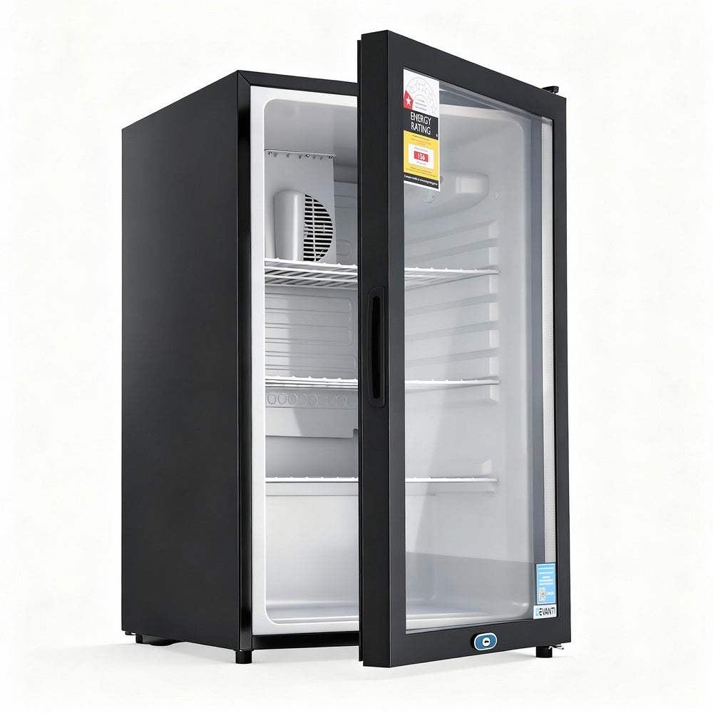 Black 105 L bar fridge with double glazed glass door stocked with drinks