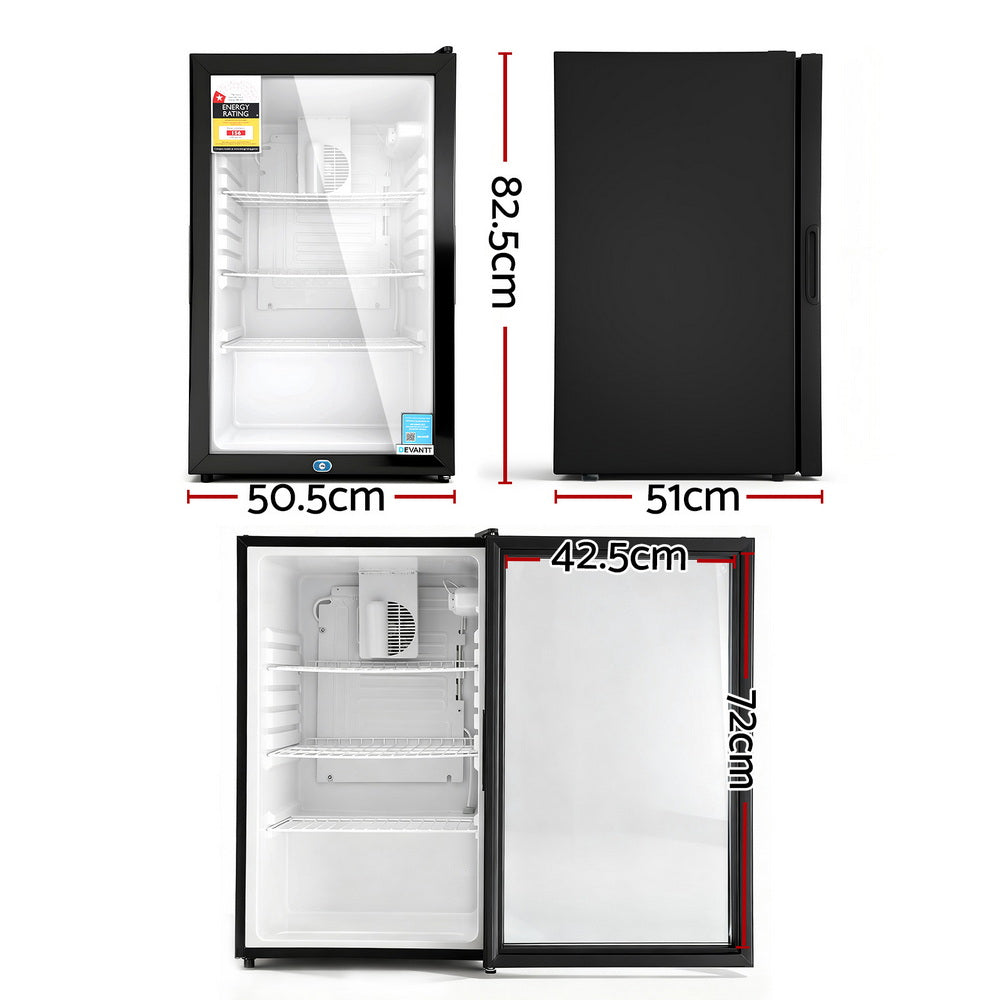 Bar fridge front view with glass door closed and LED interior light on