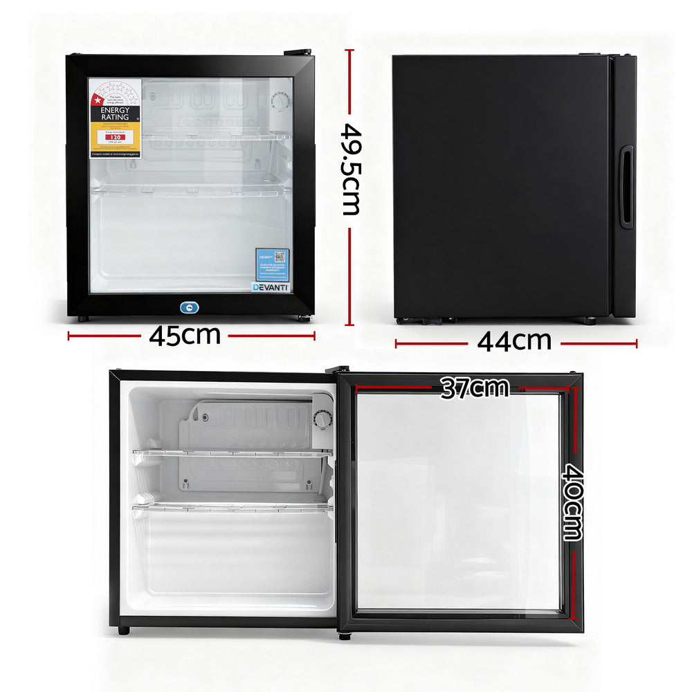 Countertop mini fridge shown at an angle in black with glass door