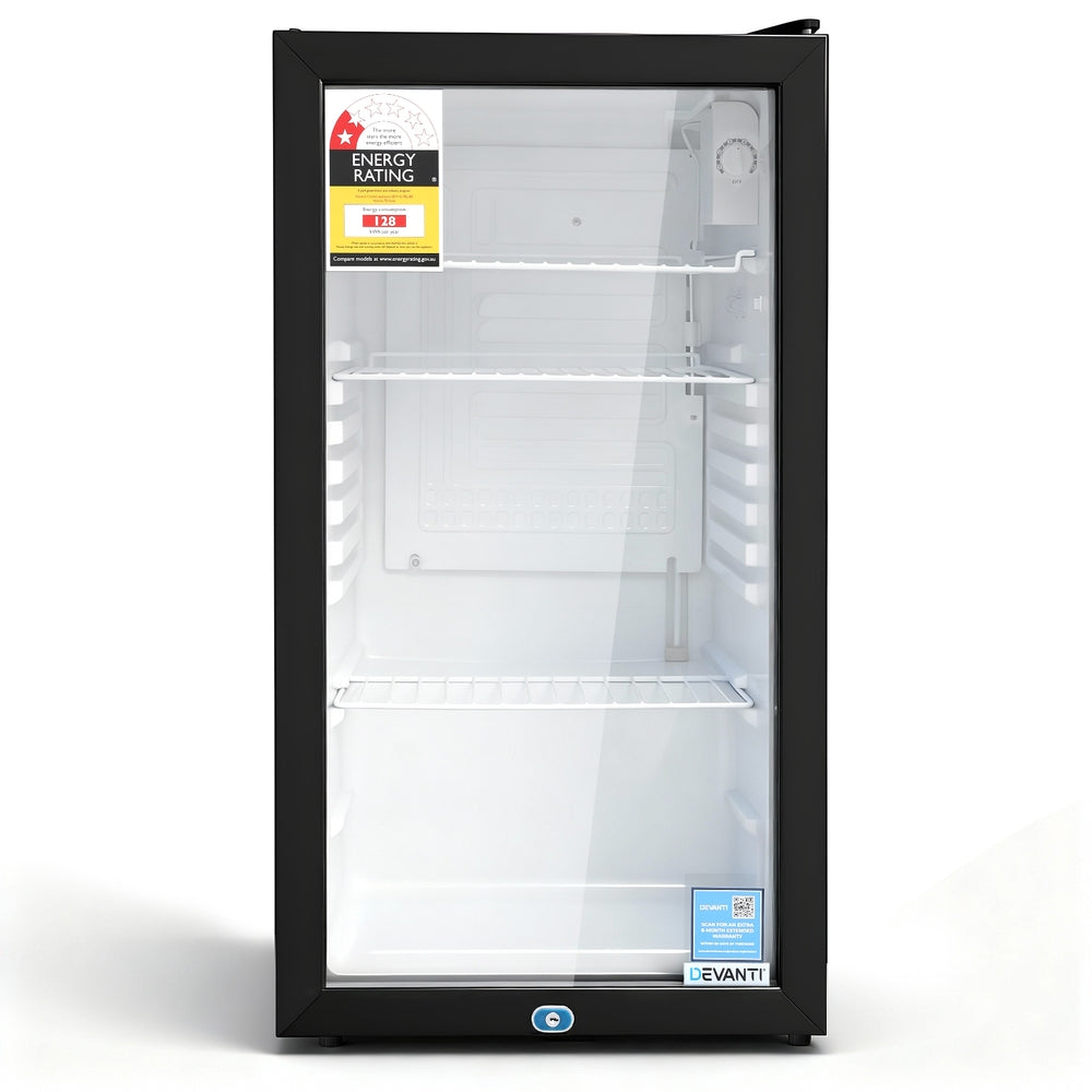 Black 78 L bar fridge with tempered glass display door, front view