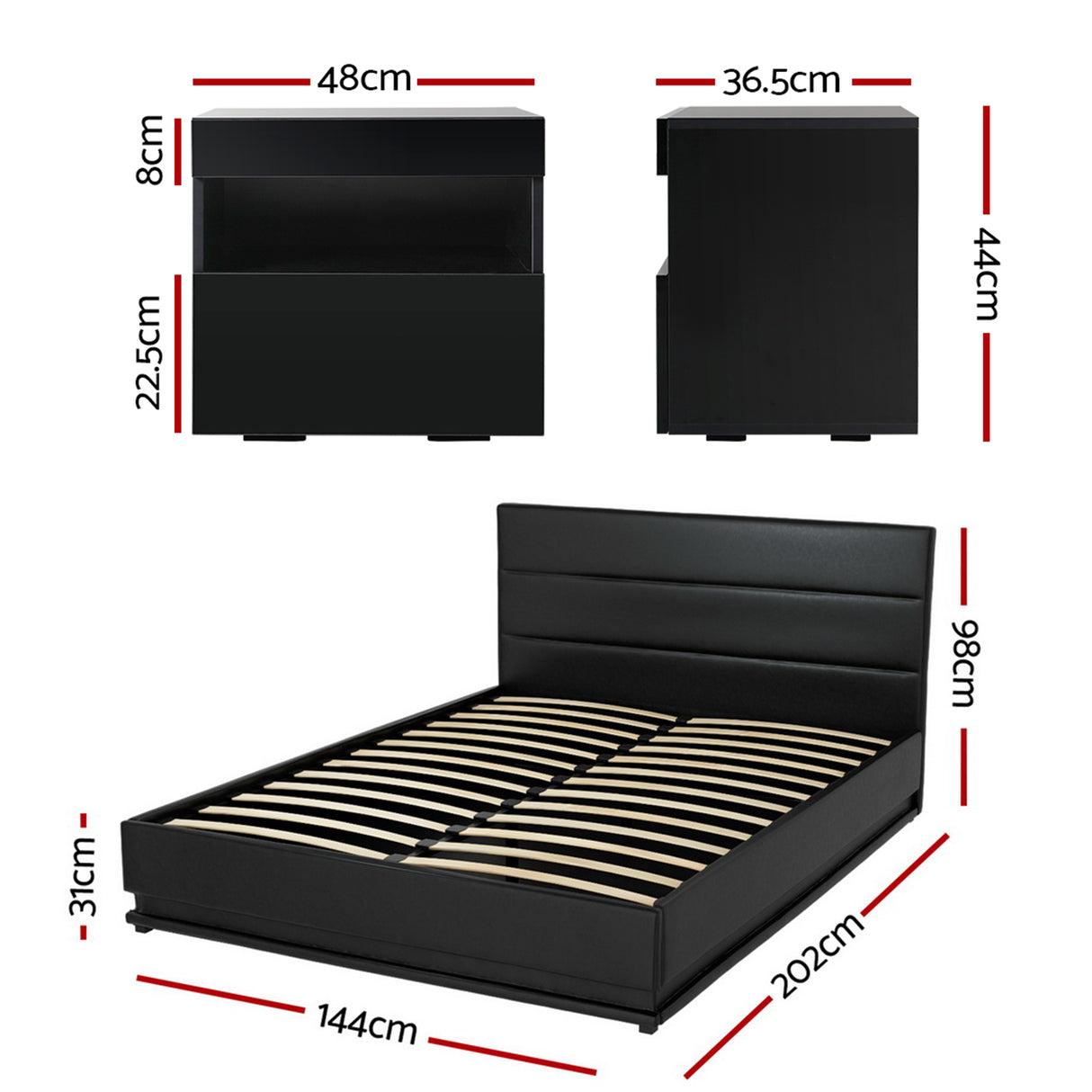 Montalcino Double Bed Frame with Bedside Table, Black