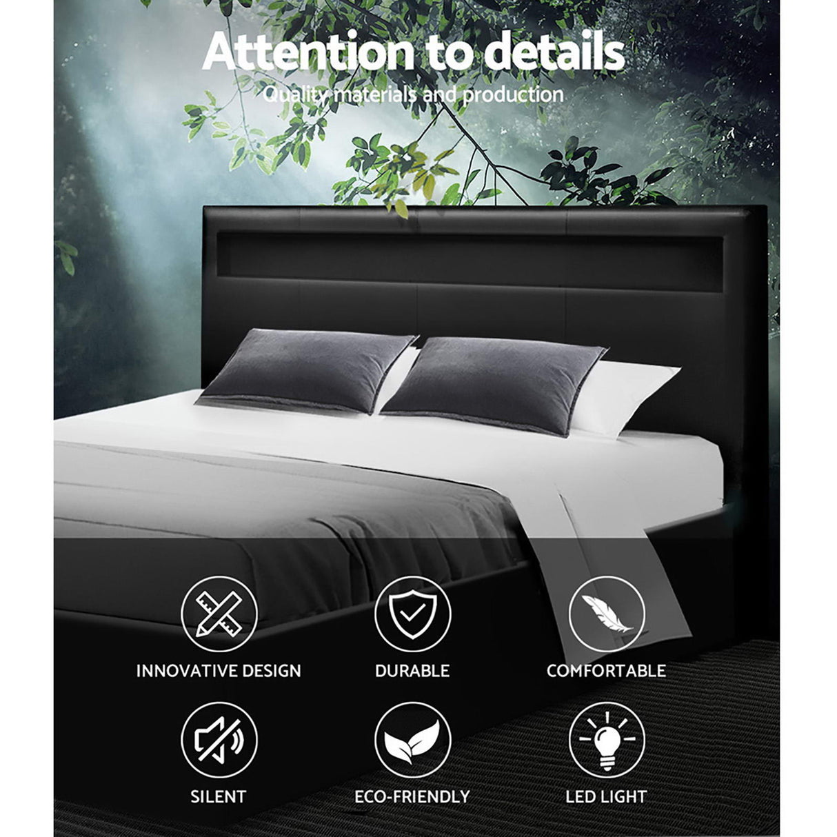 Artiss COLE black PVC leather double bed frame headboard close-up — Allure Home Collections