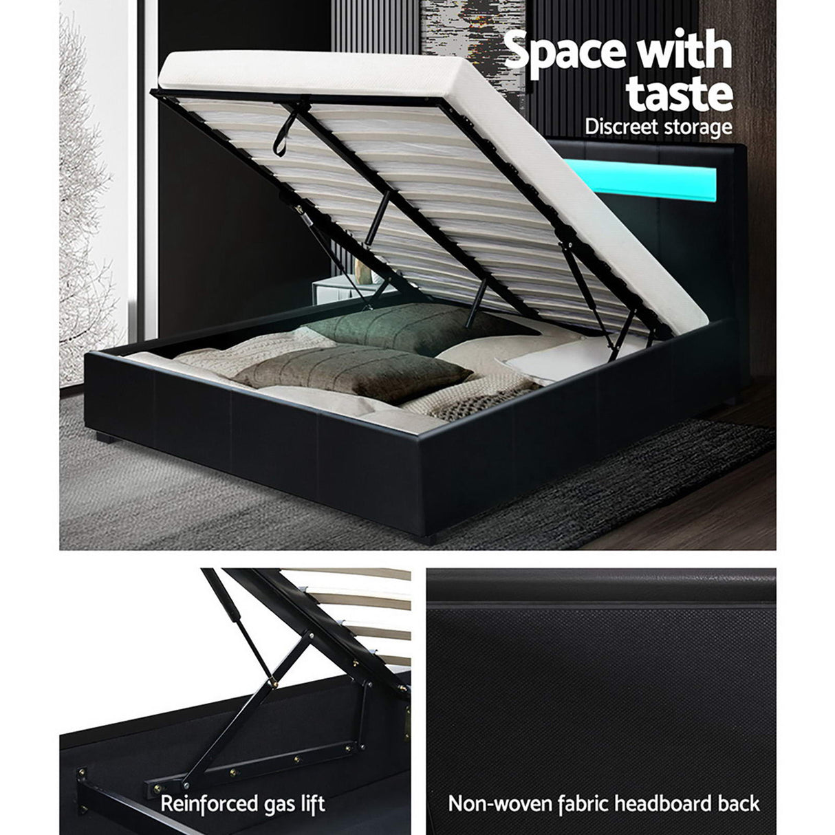 Artiss COLE double black LED gas lift bed frame showing 202 x 144 x 100cm — Allure Home Collections