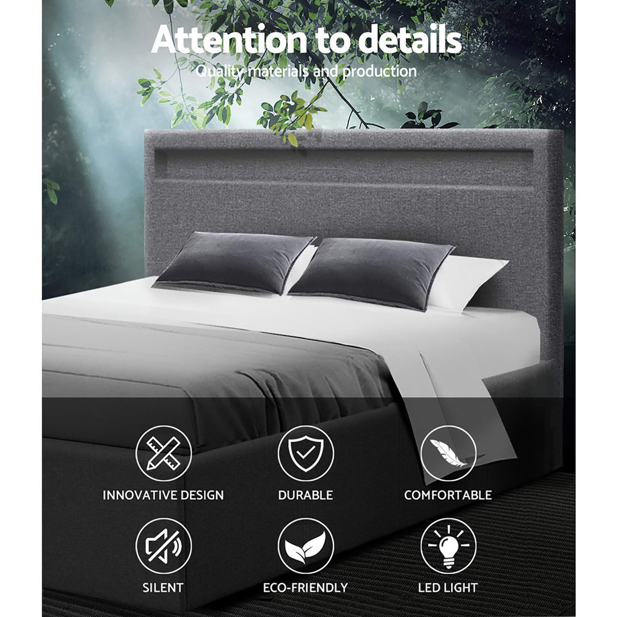 Artiss COLE grey double LED gas lift bed frame styled in bedroom — Allure Home Collections