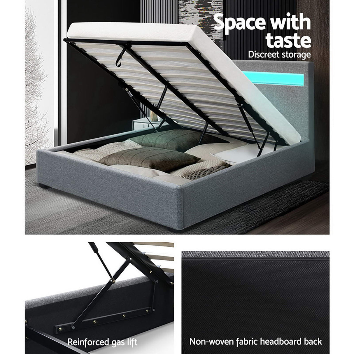 Artiss COLE double grey LED gas lift bed frame showing 300kg capacity — Allure Home Collections