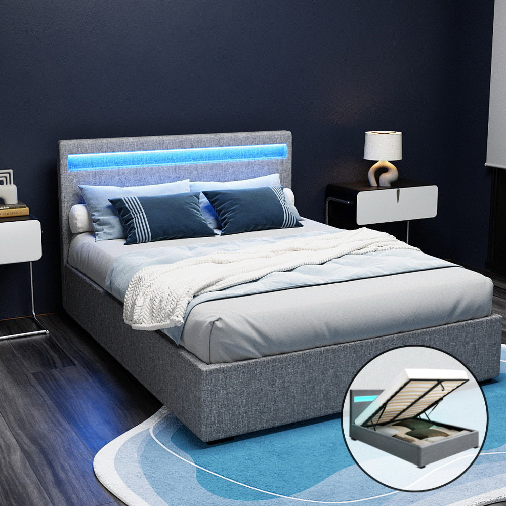 Artiss COLE double gas lift LED bed frame in grey faux linen — full front view — Allure Home Collections