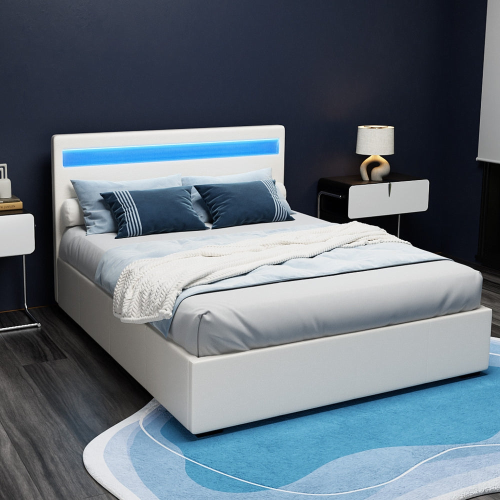 Artiss COLE double white LED bed frame lighting close-up — Allure Home Collections
