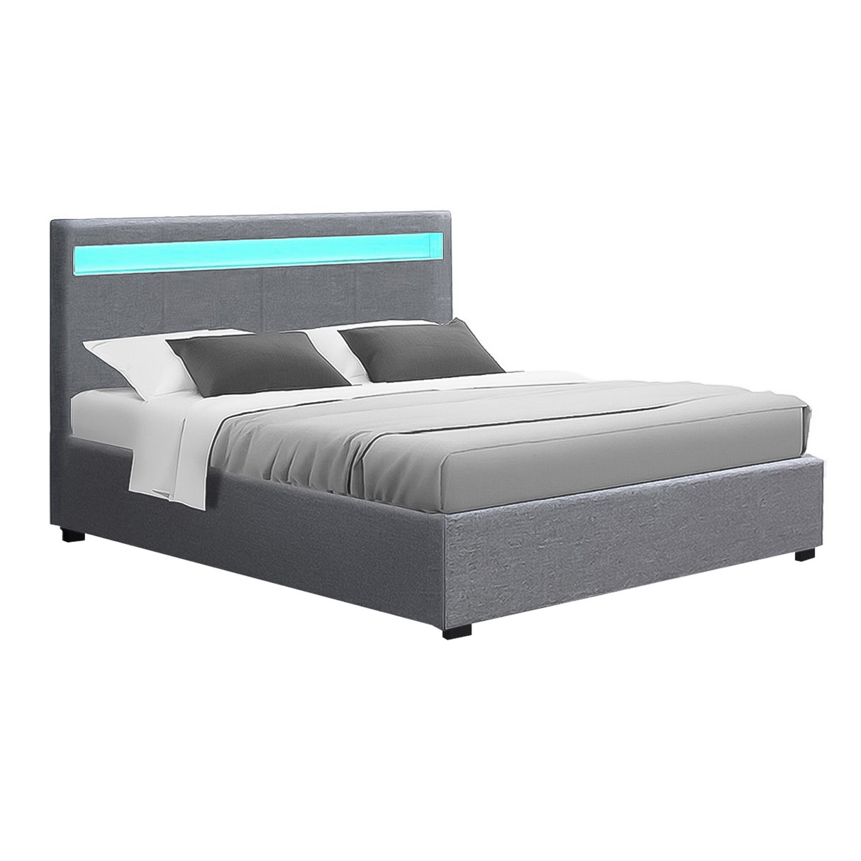 Artiss COLE grey gas lift LED bed frame showing 300kg capacity — Allure Home Collections