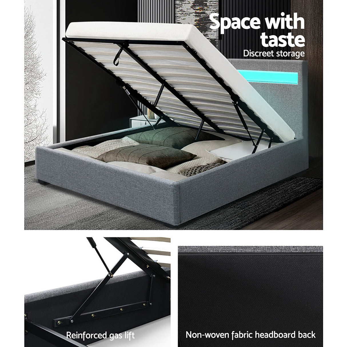 Artiss COLE queen grey LED gas lift bed frame showing 215 x 160 x 100cm — Allure Home Collections