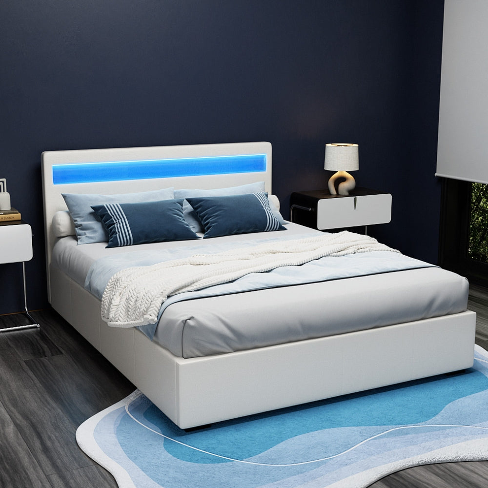 Artiss COLE white LED bed frame lighting close-up showing 16 colour modes — Allure Home Collections