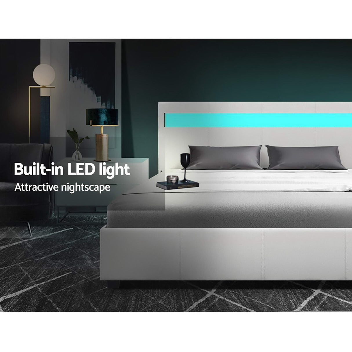 Artiss COLE queen white LED gas lift bed frame styled in bedroom — Allure Home Collections