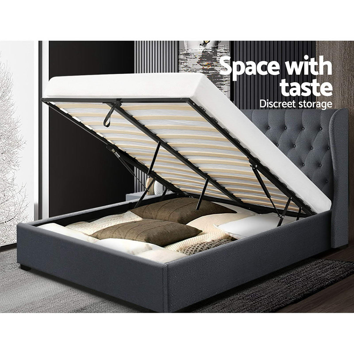 Pisa Queen Gas Lift Bed Frame, Charcoal