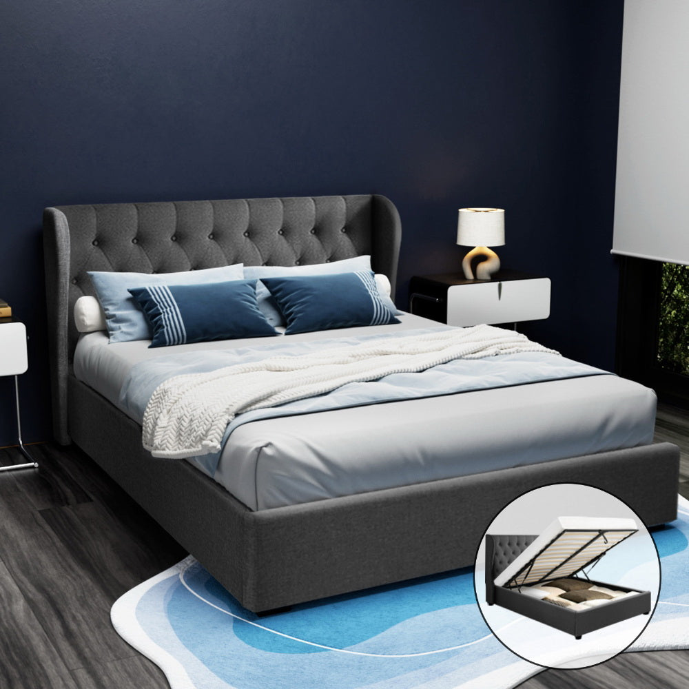 Pisa Charcoal Queen bed frame in a modern bedroom