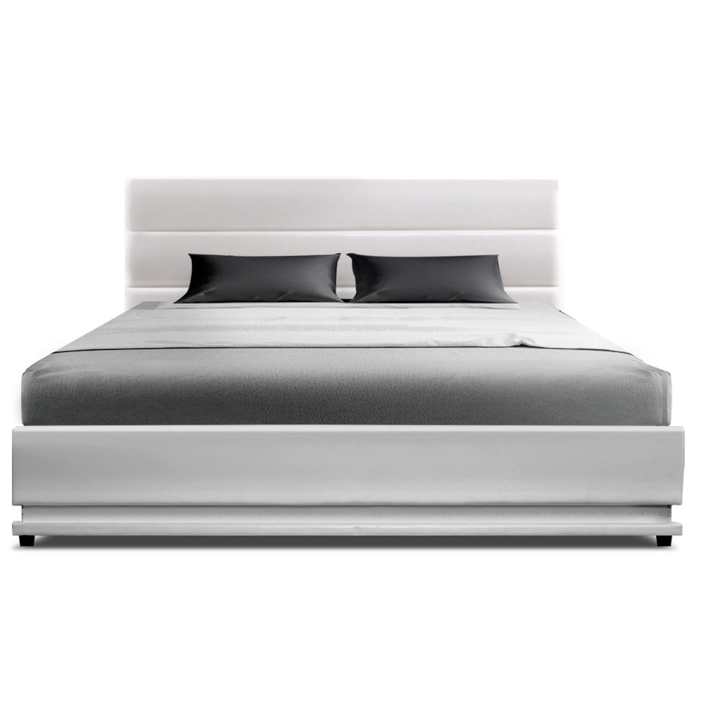 Artiss LUMI white gas lift double bed frame open showing hidden storage — Allure Home Collections
